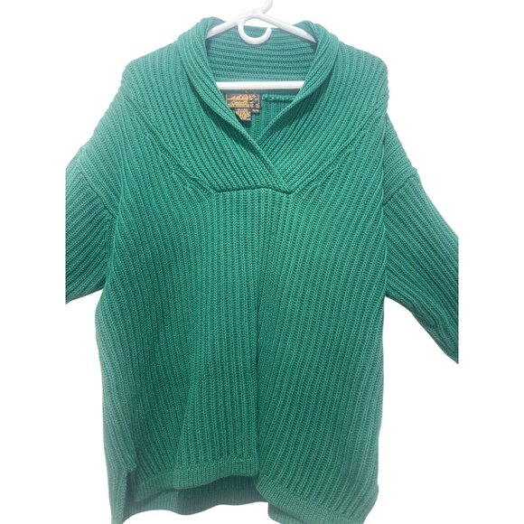 Vintage Eddie Bauer Chunky Knit Sweater Mens Medium Green Shawl Cowl Neck Preppy - Picture 6 of 13